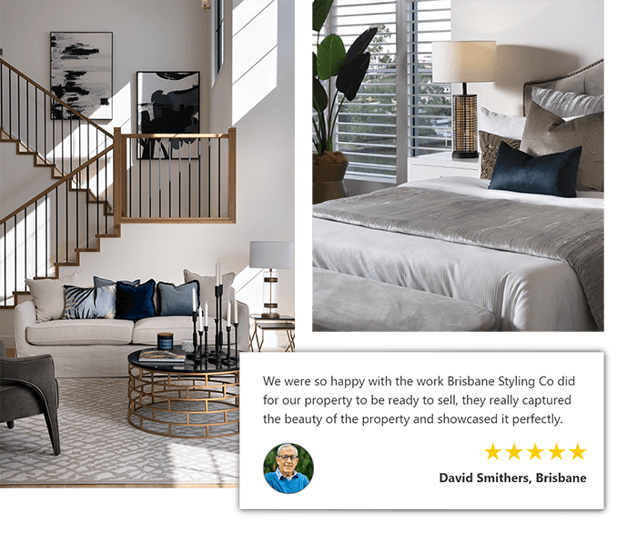 Client testimonial alongside images of a luxury bedroom and living area