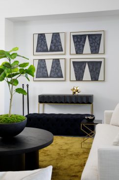 A modern seating area styled with light and dark furniture and a plant for a pop of green colour.